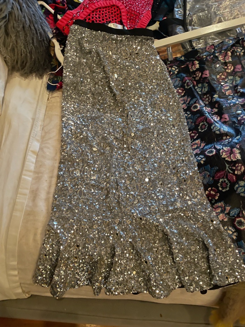 SALONI Silver Sequin Mirror-Detail Skirt